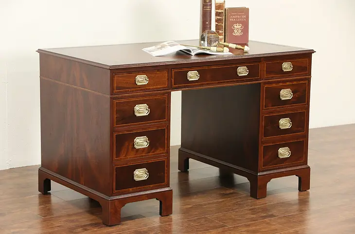 Mahogany Banded 1940's Vintage Library Desk,Leather Top, Signed Baker