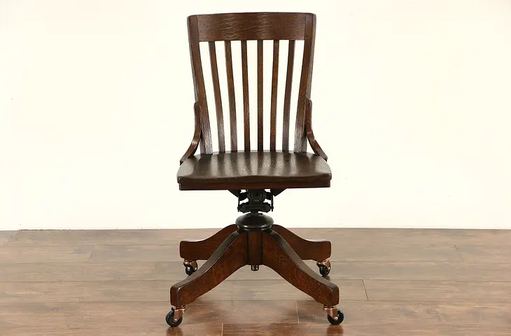 Oak Antique 1910 Adjustable Swivel Office or Library Desk Chair, Signed Johnson