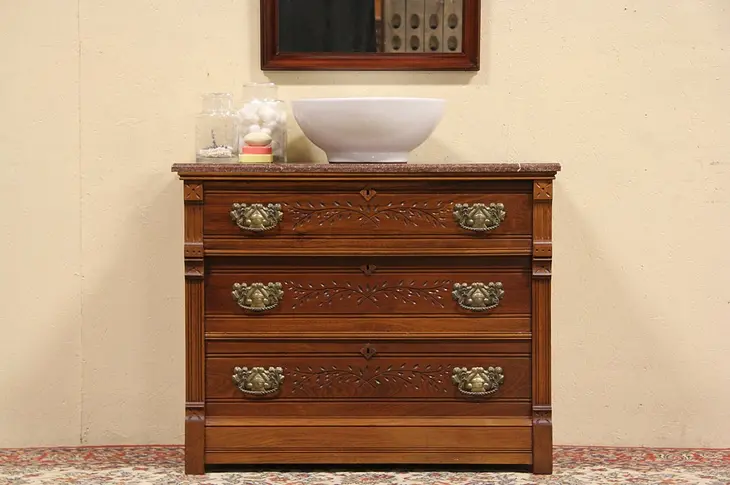Victorian Marble Top Eastlake Carved Chest or Dresser, Vessel Sink Vanity