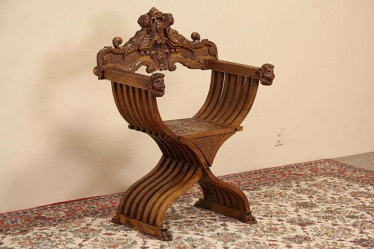 Italian Savonarola 1890 Antique Oak Chair, Carved Angels & Lion