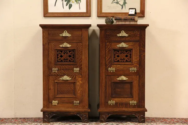 Pair of 1895 Antique Oak Barber Shop Cabinets, End Tables or Night Stands