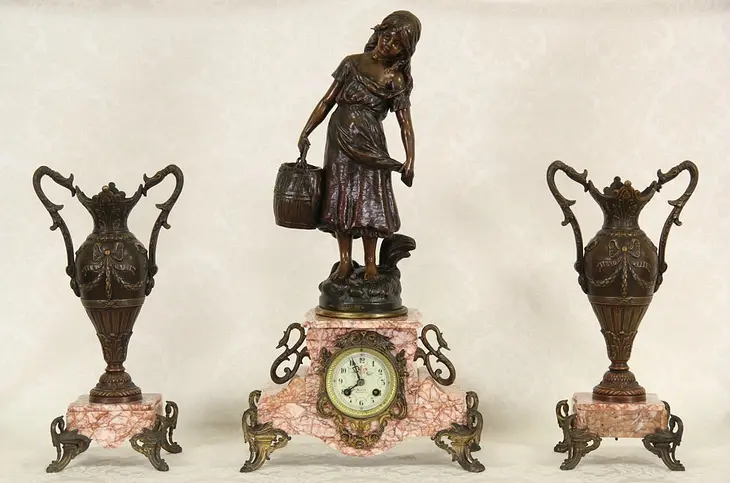 French 1890's 3 Pc. Marble Clock Set, Moreau Cosette Les Mis Sculpture