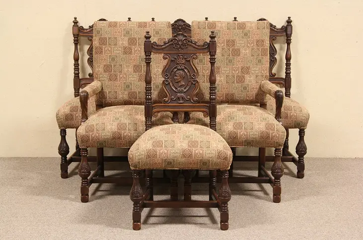 English Tudor Set of 6 Chairs with Hand Carved Profiles