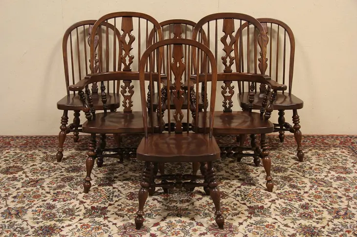 Set of 6 Ethan Allen Vintage Oak Windsor Dining Chairs, American Traditional