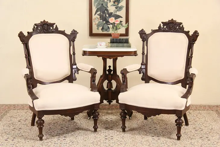 Pair of Victorian Renaissance 1870's Walnut Chairs, Carved Faces