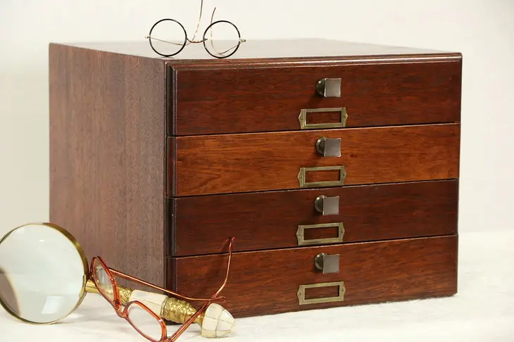 Mahogany 1920 Antique 4 Drawer Eyeglass Cabinet, Jewelry or Collector Chest