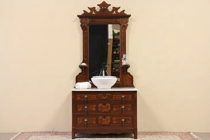 Victorian 1880 Antique Chest or Dresser, Marble Top & Mirror