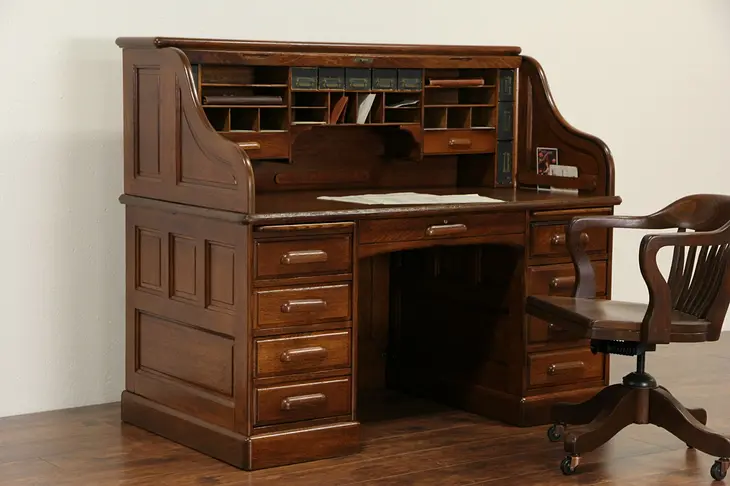 Derby of Boston Oak Antique 1900 Rolltop Desk,  S Curve & Raised Panels