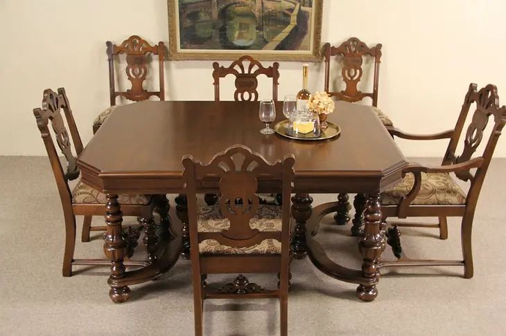 English Tudor 1925 Dining Set, Table, 3 Leaves, 6 Chairs