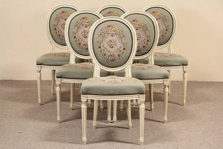 Set of 6 French 1940's Vintage Painted Dining Chairs, Needle Point Upholstery