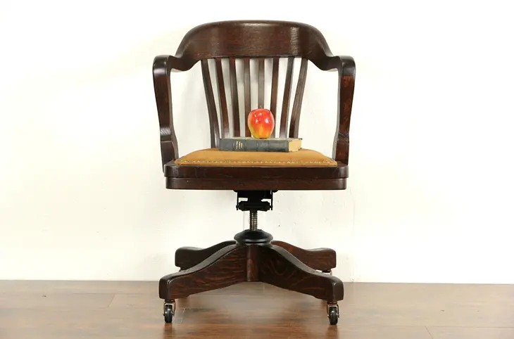 Swivel Adjustable 1915 Antique Oak Desk Chair, Signed Johnson