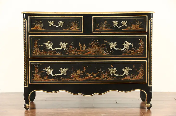Chinese Painted Lacquer 1940's Vintage Linen Chest or Dresser