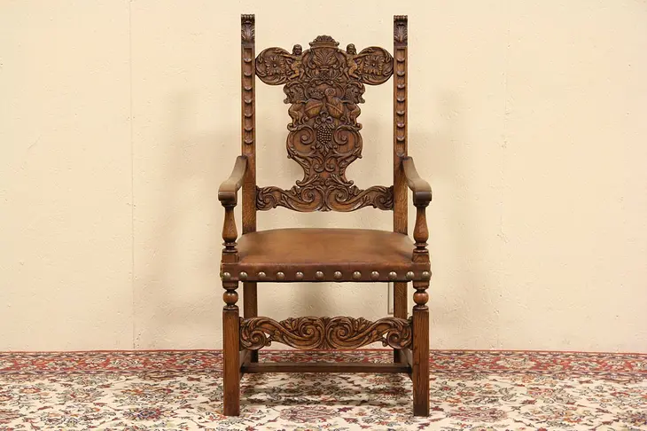 Renaissance Carved Oak Antique Leather Library Desk Chair