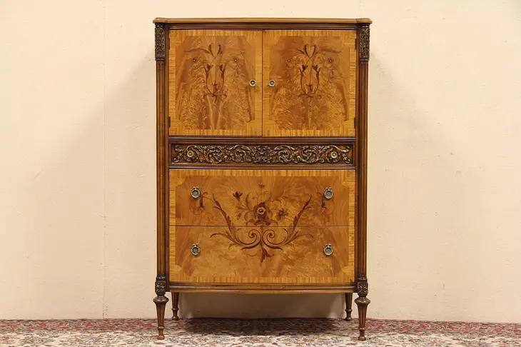 Satinwood Marquetry 1925 Chifferobe or Tall Chest