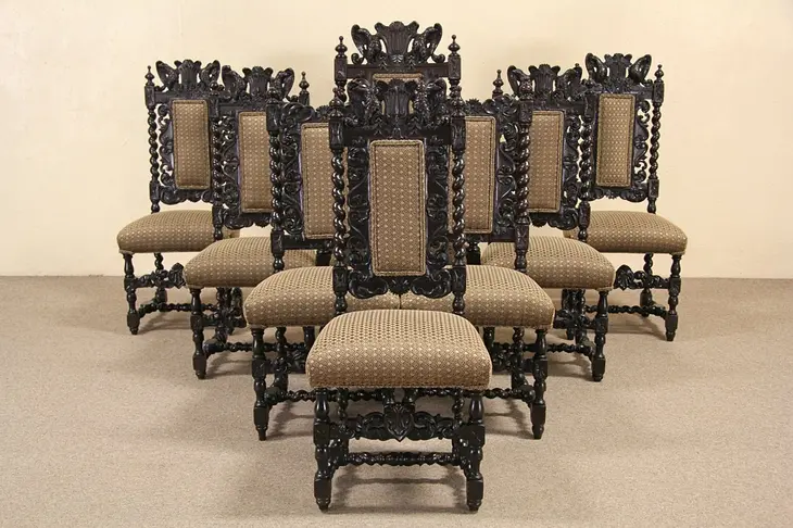 Set of 8 Black Forest Carved Oak 1890 Antique Dining Chairs, Family Crest