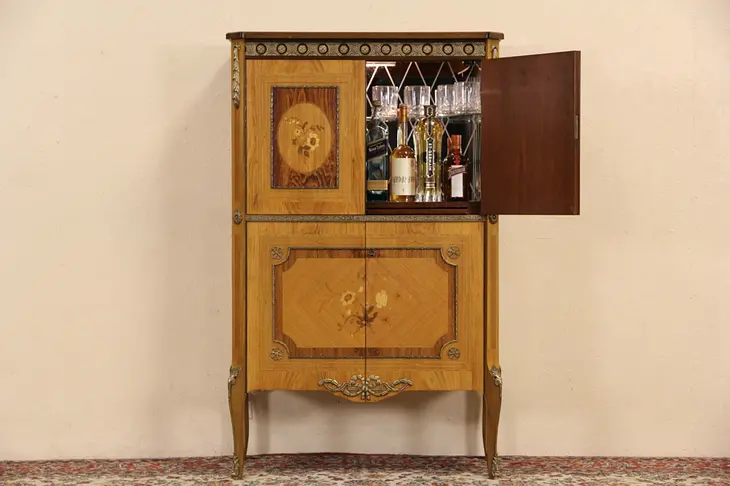 Rosewood Danish 1940's Vintage Marquetry Lighted Bar Cabinet