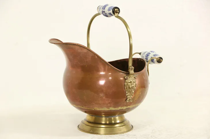Dutch Copper Vintage Hot Water Bucket or Scuttle, Blue Porcelain Handles