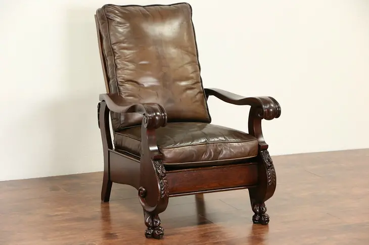 Oak 1900 Antique Morris Recliner Chair, Leather Cushions, Lion Paw Feet
