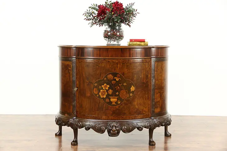 Demilune Half Round Antique Sideboard or Hall Console Cabinet, Marquetry
