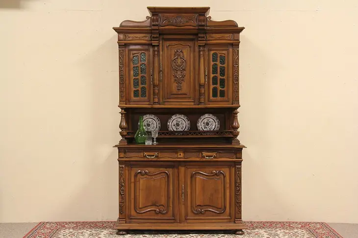 Carved 1895 Antique Court Cupboard or Dowry Cabinet