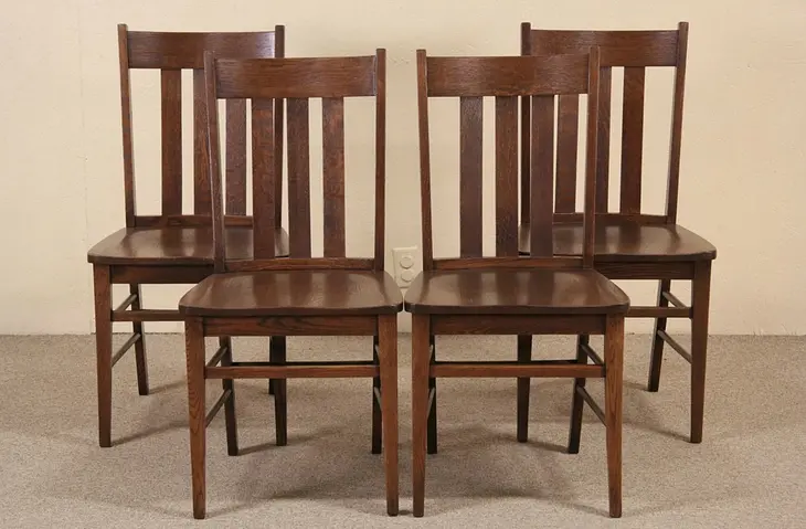 Set of 4 Arts & Crafts Mission Oak Dining or Game Chairs, Solid Seats