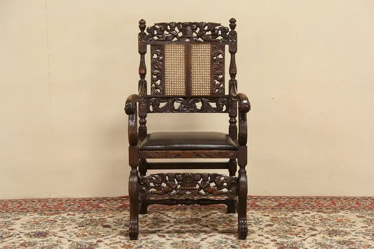 Italian Antique 1890 Chair, Carved Angels, Leather Seat