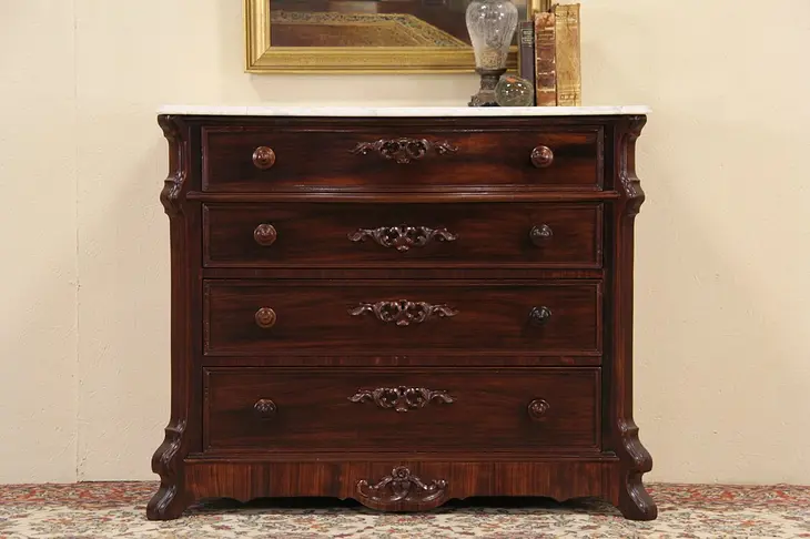 Victorian 1860 Antique Marble Top Rosewood Carved Chest or Dresser