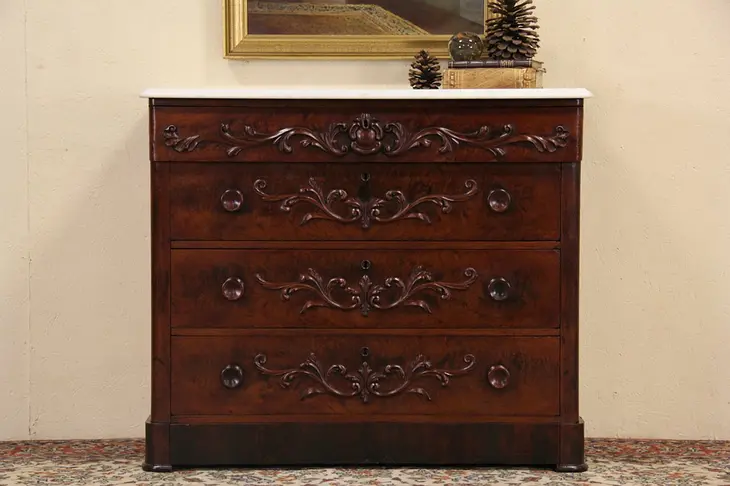 Marble Top 1850's Antique Carved Walnut Burl Chest or Dresser, Secret Drawer