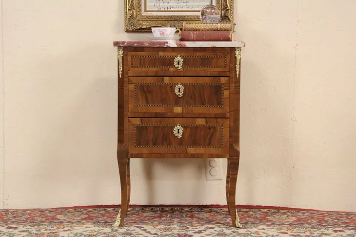 Swedish 1920's Antique Marble Top Chest or Nightstand, Banded Rosewood