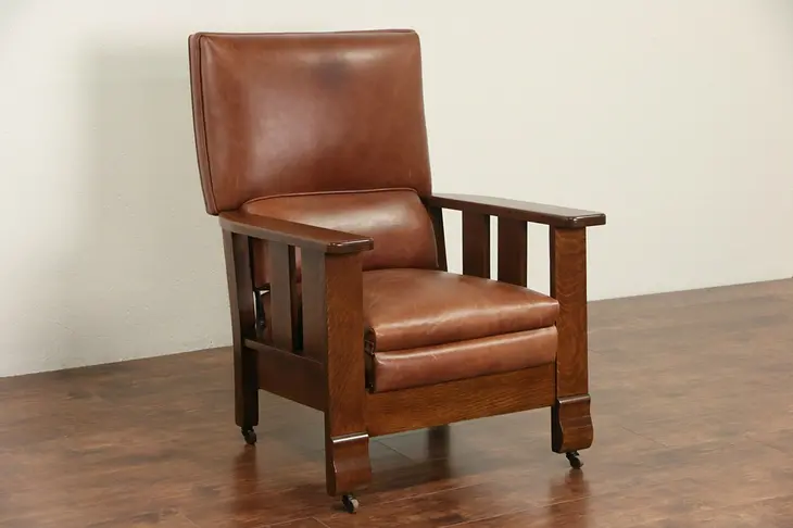 Arts & Crafts Mission Oak 1920 Antique Leather Morris Recliner Chair