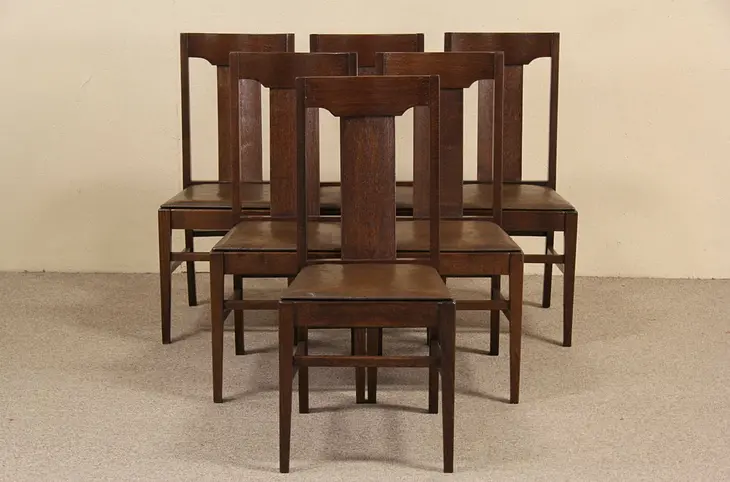 Set of 6 Arts & Crafts Mission Oak 1900 Antique Dining Chairs, Original Leather