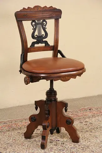 Swivel 1880 Eastlake Antique Musician Chair or Piano Stool, Leather