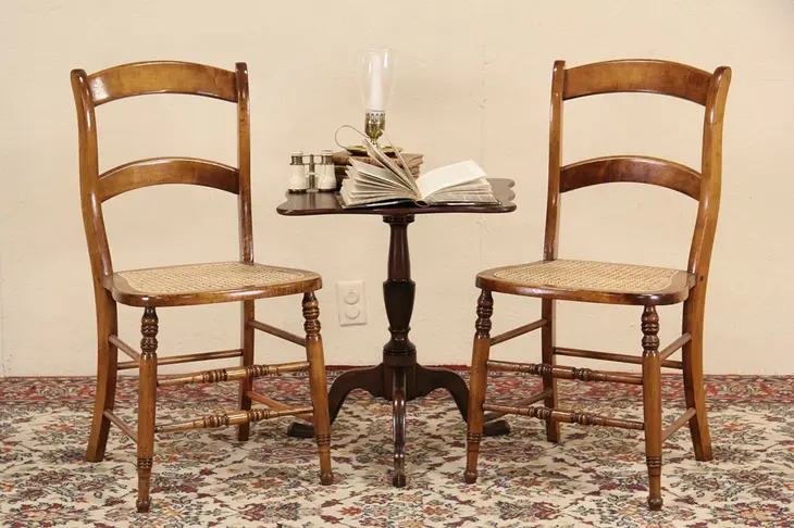 Pair 1870''s Antique Maple Dining or Side Chairs, Newly Caned Seats