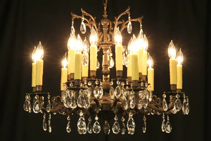 Chandelier with 18 Candles, Vintage European Cut Crystal Prisms