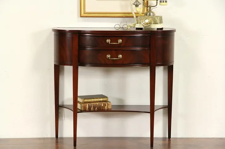Hall Console Table, Vintage Demilune Half Round with Leather Top