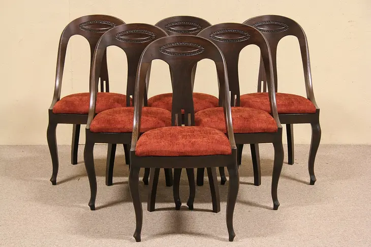 Set of 6 Carved Oak Empire 1900 Scandinavian Dining Chairs