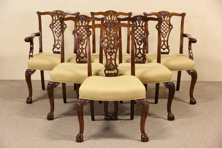 Set of 6 Georgian Chippendale Vintage Mahogany Dining Chairs, Signed Ardley Hall