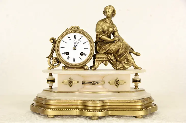 French Alabaster & Gold Antique 1890's Mantel Clock with Statue of a Lady