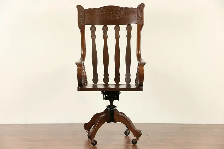 Swivel 1900 Antique Ash & Oak Desk Chair, Press Carved