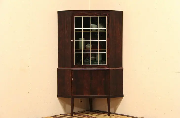 Midcentury Danish Modern Rosewood Vintage Corner Cabinet, Leaded Stained Glass