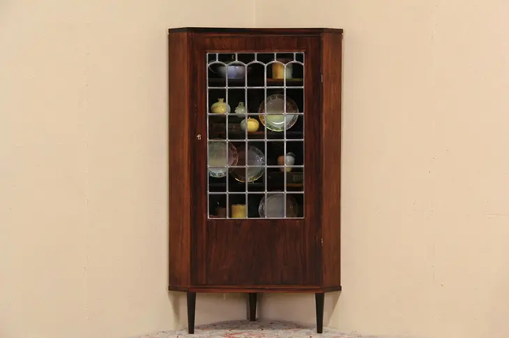 Danish Midcentury Modern Rosewood Corner Cabinet. Leaded Glass