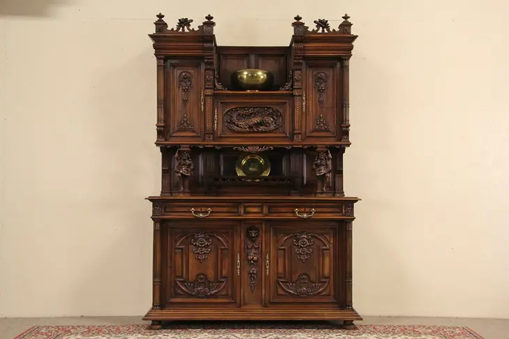 Royal Danish Jester Cabinet, Carved Walnut  1890 Antique