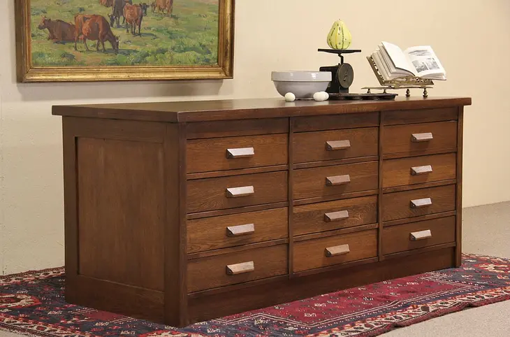 Oak 1910 Antique Island Counter, 12 Drawers