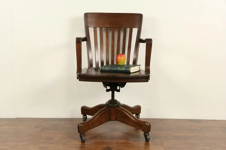 Oak 1930's Vintage Swivel Adjustable Desk Chair with Arms