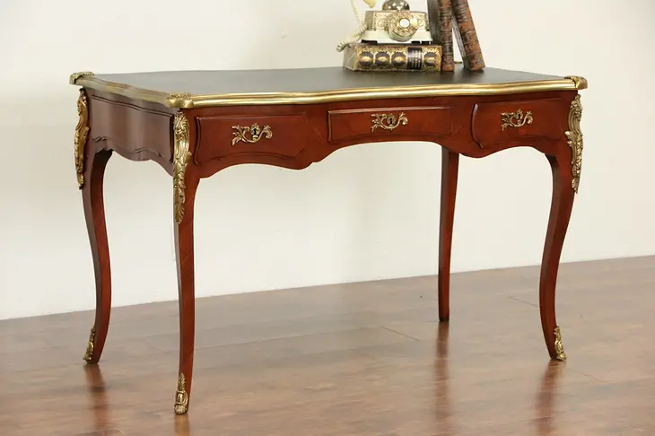 French Library Writing Desk, 1950's Vintage, Leather Top, Brass Mounts