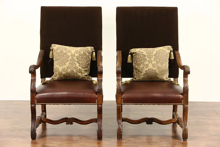 Pair of Country French 1915 Antique Carved Walnut & Leather Chairs