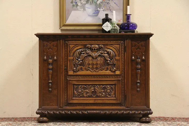Carved Coat of Arms Cabinet, Vessel Sink Vanity or TV Console