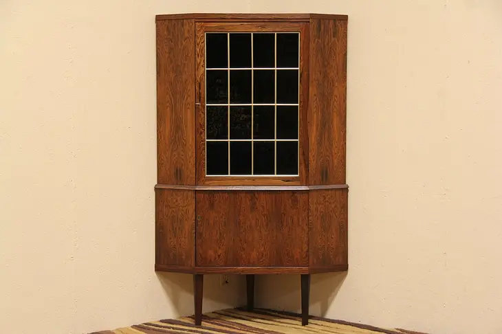 Midcentury Danish Modern Rosewood Corner Cabinet, Leaded Stained Glass