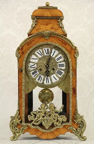 Rosewood Marquetry Vintage Bracket Clock, Brass Angels