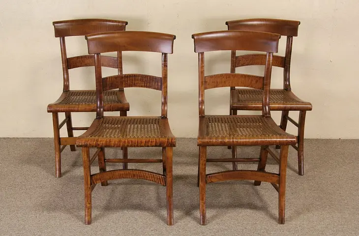 Set of 4 Curly  Birdseye Maple New England 1835 Antique Dining or Game Chairs